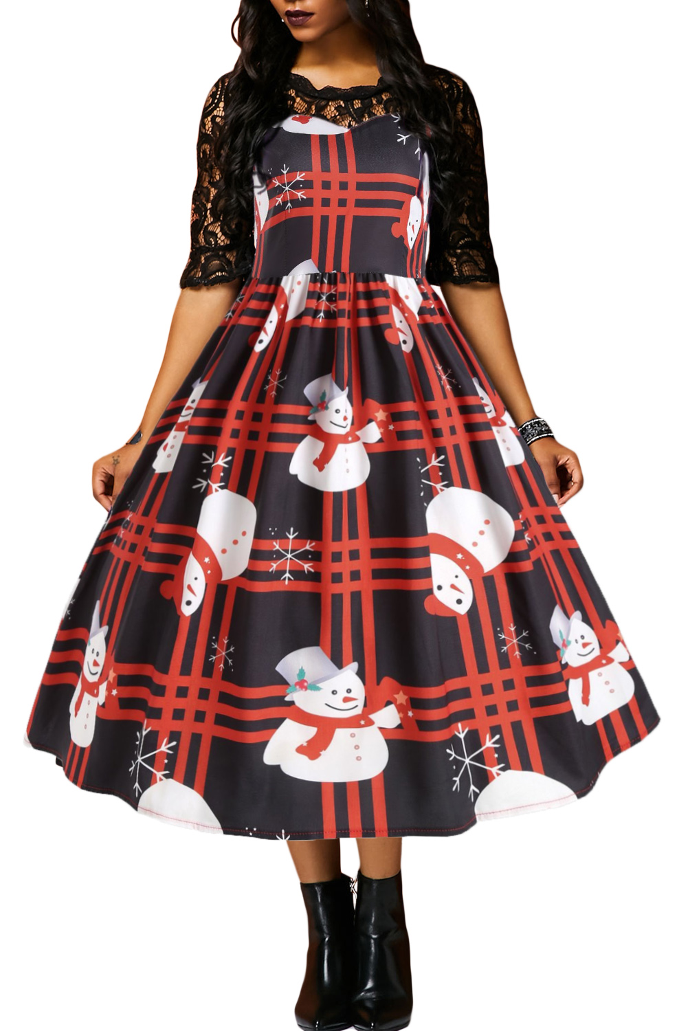 BY610920-3 VINTAGE SNOWMAN PLAID РОЖДЕСТВЕНСКОЕ ПЕЧАТЬ РАСПЫШЛЕННОЕ ПЛАТЬЕ